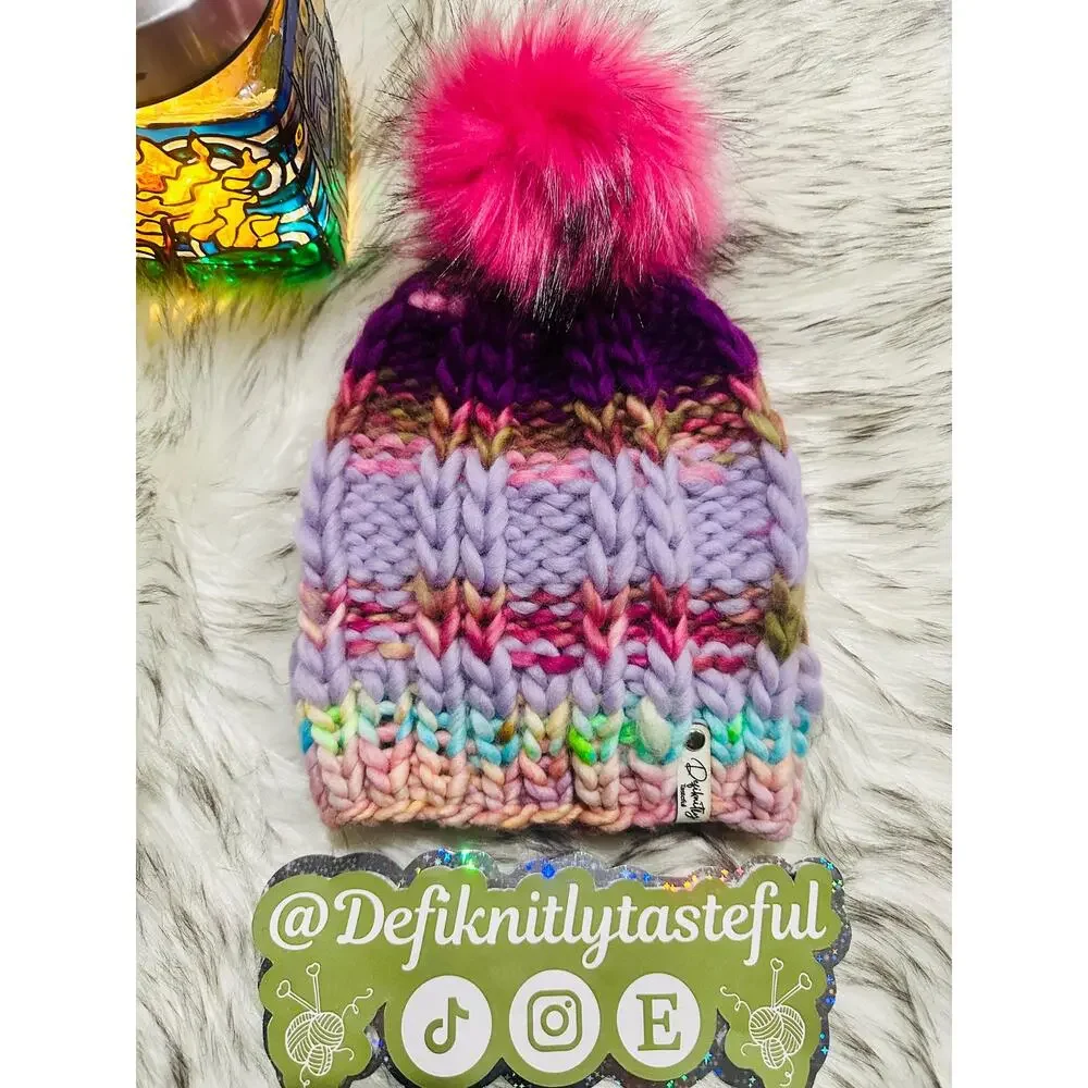 Handmade Neon Merino Wool Beanie: Colorful Winter Hat with Faux Fur Pom